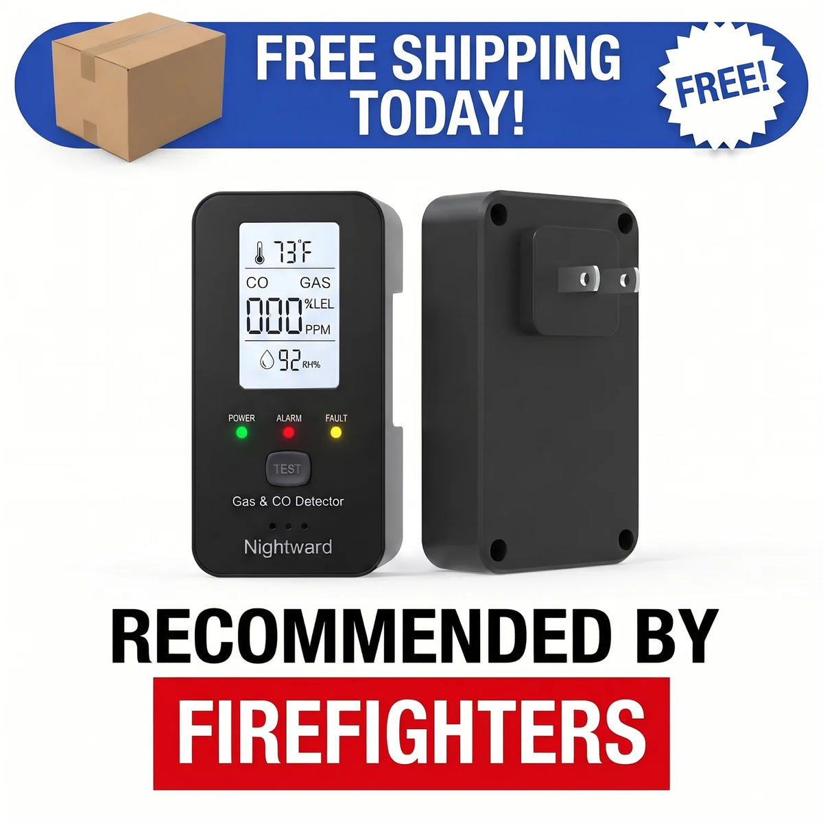 Nightward 4-in-1 CO Detector, front and back – free shipping today, recommended by firefighters