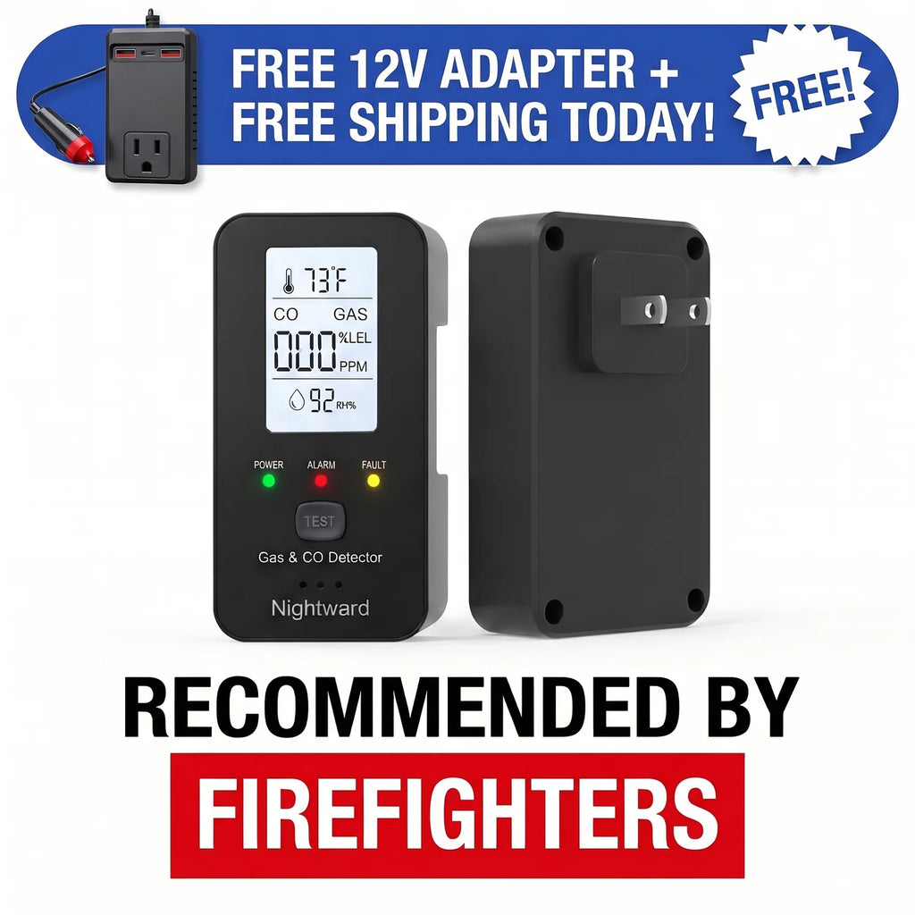 Nightward 4-in-1 CO Detector for RVs, front and back – free 12V adapter and free shipping today, recommended by firefighters