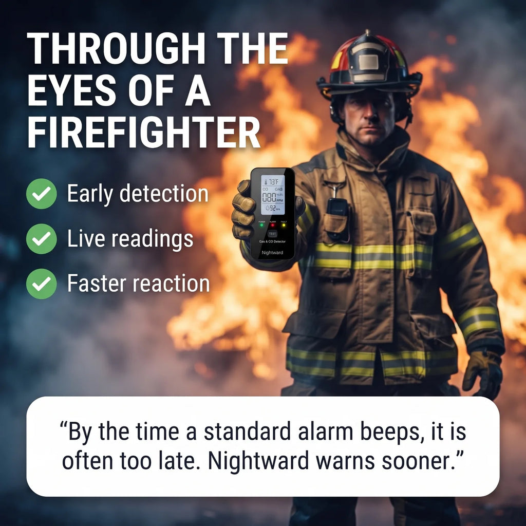 Firefighter holding the Nightward 4-in-1 CO Detector – early detection, live readings, faster reaction